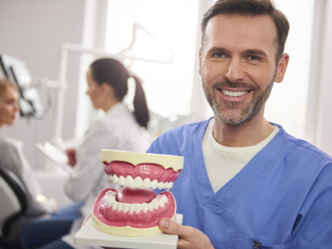 Smiling dentist showing an artificial dentures